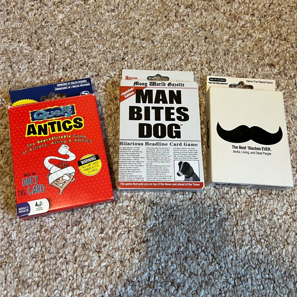 Card Game Bundle Quelf Antics Man Bites Dog Ha Ha Moustache Party Games 3 Pack